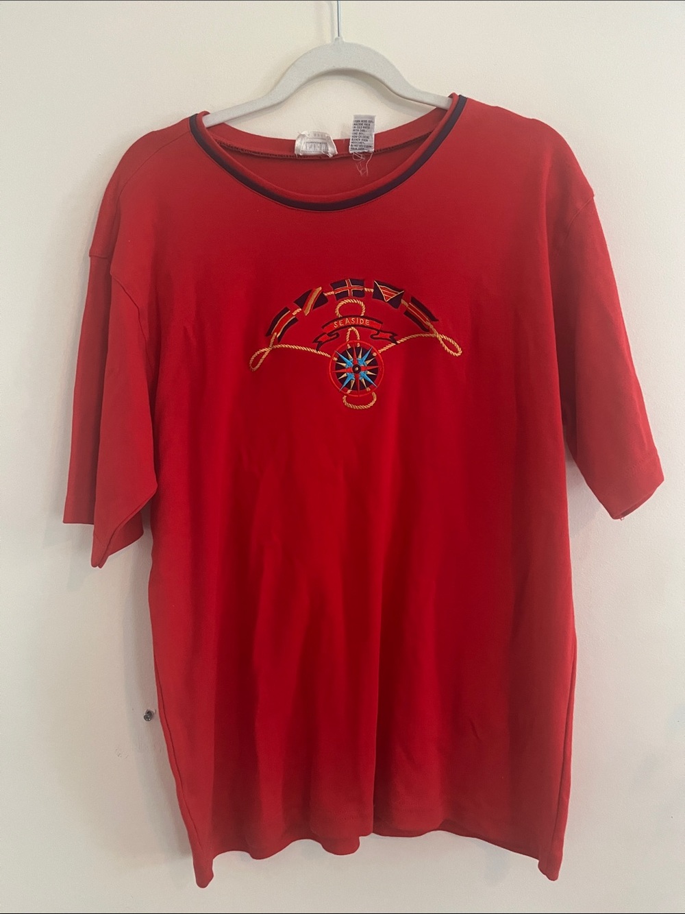 Vintage Line-Up Seaside Embroidered Tee Shirt Coastal Nautical Red Blue M Cotton